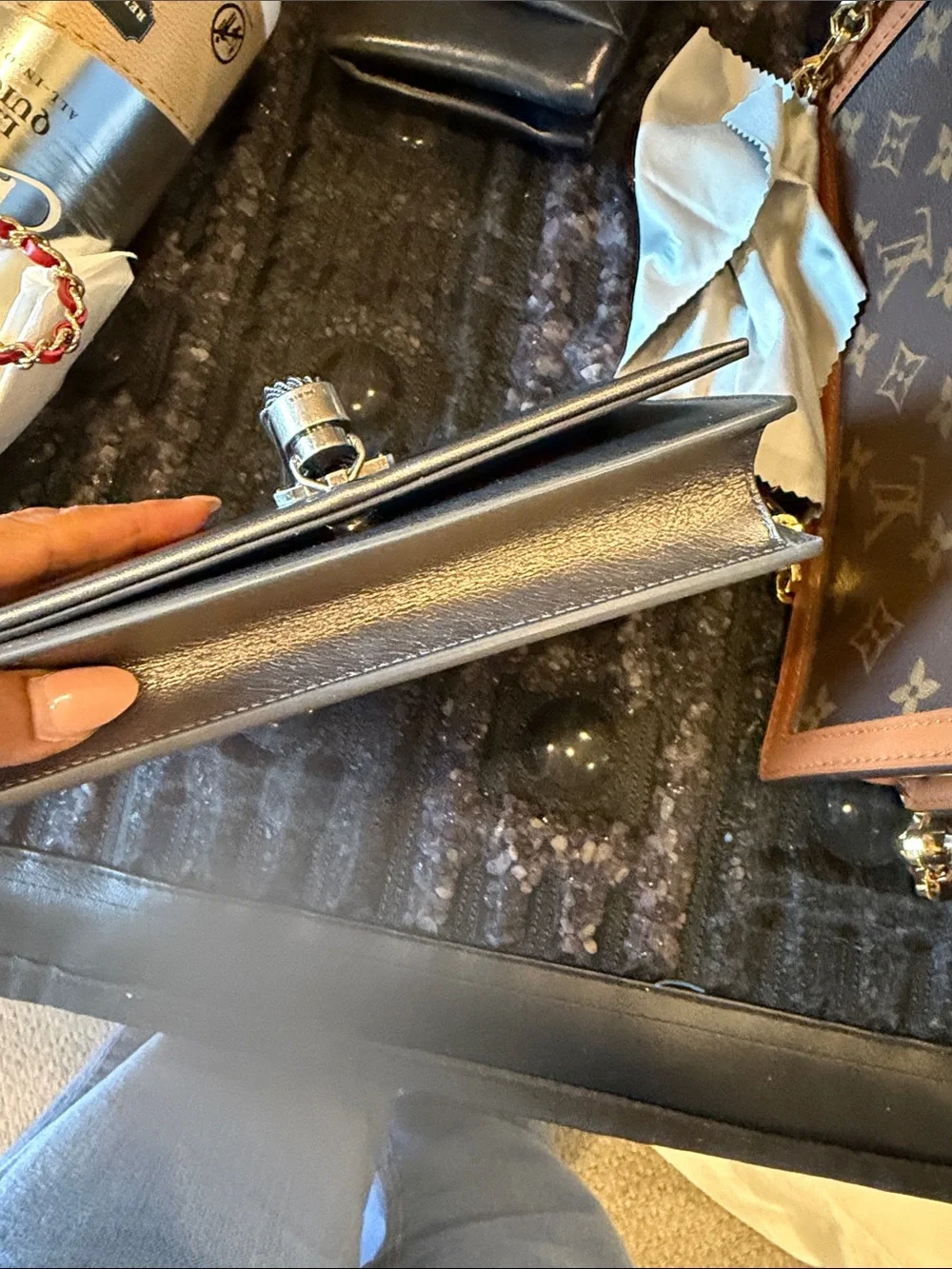Saint Laurent Metallic Silver Tassel Monogram Clutch